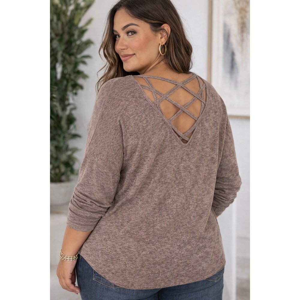 Taupe Marled Soft Stretch Knit Top Caged Back Pullover Women's XXL Casual‎ Boho